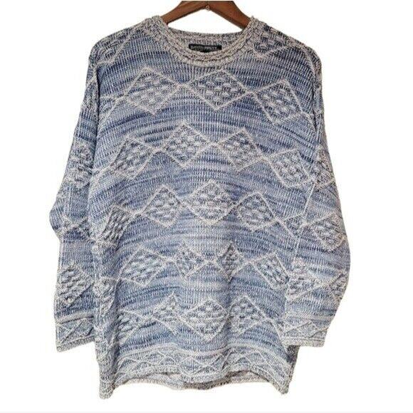 Vtg David Brett Sweater Men XL Blue Chunky 3D Knit Diamond Geometric Grandpa USA - Picture 1 of 11